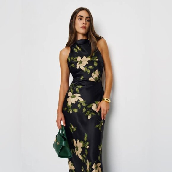 NEW Reformation Anaiis Silk Long Black Floral Backless Dress Mood for Love US 6 - Picture 15 of 16